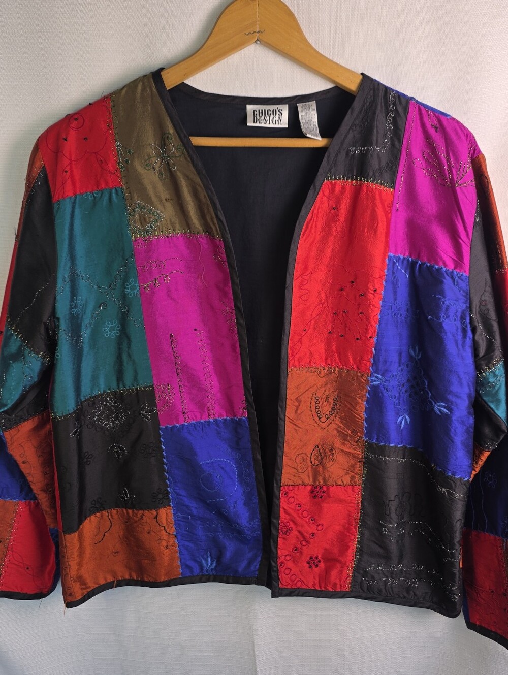 Chico's Multicolor Patchwork Embroidered Open-Front Jacket
